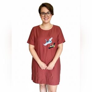 Zara Basic Orange Short Sleeve Crane Embroidered Dress Size XL